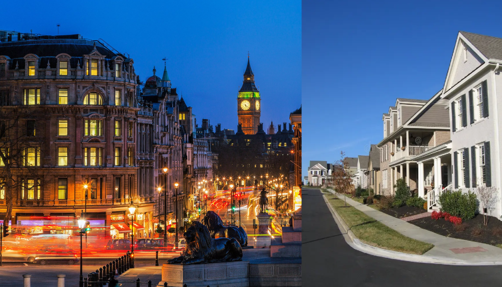 Comparing everyday life in the UK and US – cultural and lifestyle differences. An image of London streets on the left and American suburbs on the right.